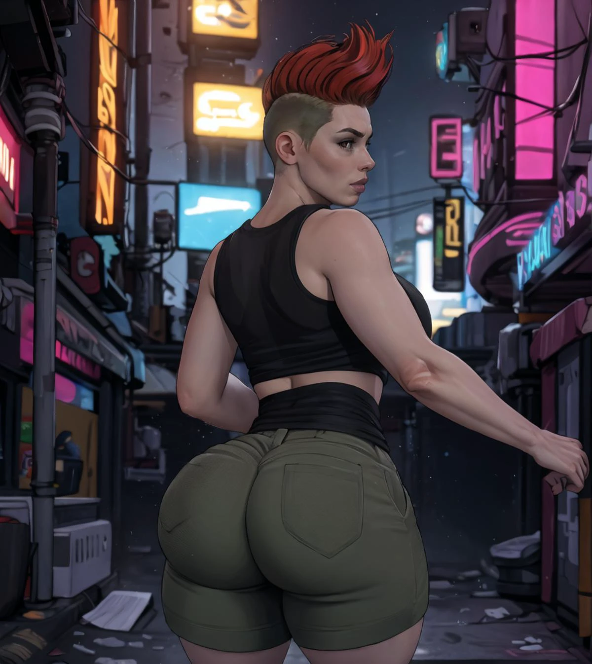rachel, @Whiplashaarts, BlackWhiplash, (Cyberpunk 2077), masterpiece, best quality, 1girl, ass, bag, breasts, green eyes, red hair, -- short hair, undercut, or mohawk, large breasts, lips, looking at viewer, looking back, nipples, randoseru, shorts, solo, tank top, thick thighs, thighs (semi-realism:1.2), (prettify:1.1), <lora:rachelcasich:0.8>, <lora:BlackWhiplash Style:0.7>,