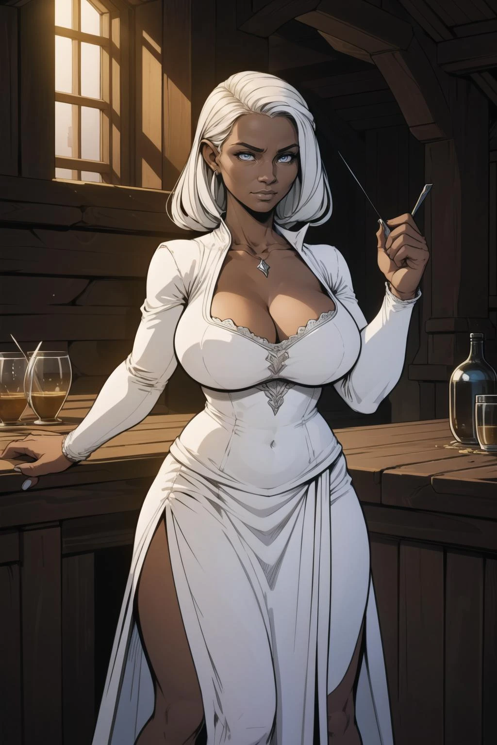 (artwork:1.2),(lineart:1.33), mature woman wearing white dress standing in medieval fantasy tavern, cleavage, (hyper defined), (inked-art), comic style, black outline, complex lighting, (flat colors), ultra detailed, (fine-details:1.2), absurdres, (atmosphere), (masterpiece), (best quality),