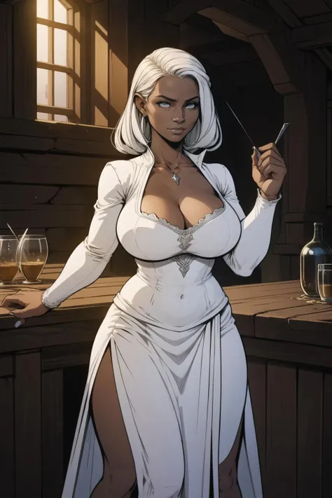 (artwork:1.2),(lineart:1.33), mature woman wearing white dress standing in medieval fantasy tavern, cleavage, (hyper defined), (inked-art), comic style, black outline, complex lighting, (flat colors), ultra detailed, (fine-details:1.2), absurdres, (atmosphere), (masterpiece), (best quality),