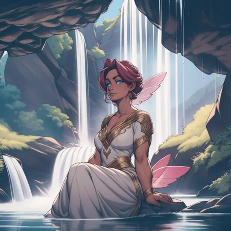 <lora:HerrscherAGGA2023_Little_Bastard_SOFT:1>, RAW photo, (high detailed skin, detailed eyes:1.1), intricate details, best quality, 8k uhd, soft lighting, solo, 1girl, fairy winged outfit, enchanted waterfall with hidden cave