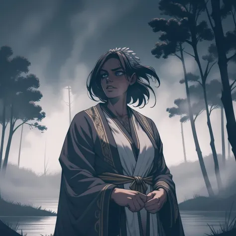 <lora:HerrscherAGGA2023_Little_Bastard_SOFT:1>, RAW photo, (high detailed skin, detailed eyes:1.1), intricate details, best quality, 8k uhd, soft lighting, solo, 1girl, angel feathered robe, eerie swamp with haunting mists