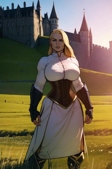 medieval fantasy, mature knight commander woman, armored woman, huge breasts, corset, white shirt, muscular woman, standing in grass field, long blonde hair, pauldrons, gauntlets, castle in background,