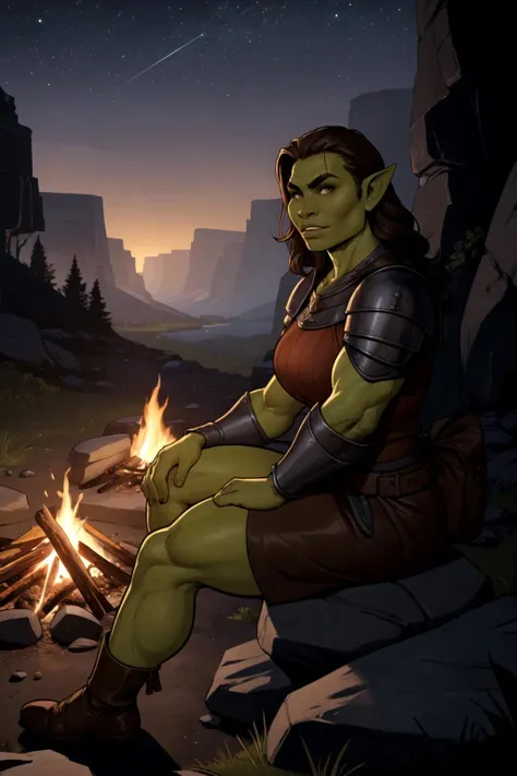 medieval fantasy, orc woman, muscular female, wearing fur trim brown leather armor, green skin, brown hair, sitting on rock in dark valley, from side, looking at viewer, night time, campfire, tusks, strong lighting, flat colors, comic style,