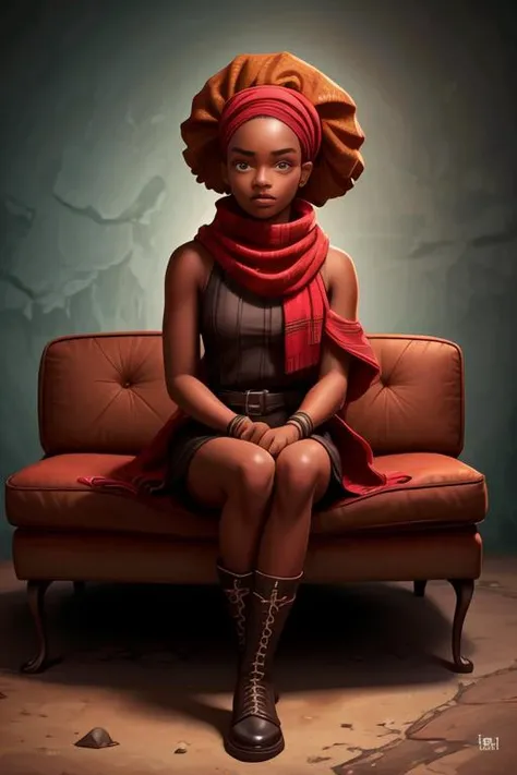 young adult african, hausa, angular face shape, dark skin tone, high forehead, narrow eyes, broad nose, thin lips,undercut hair,
dress ,
hiking boots,(balaclava, ski mask:0.8),scarf,,
(sofa:1.2),sitting