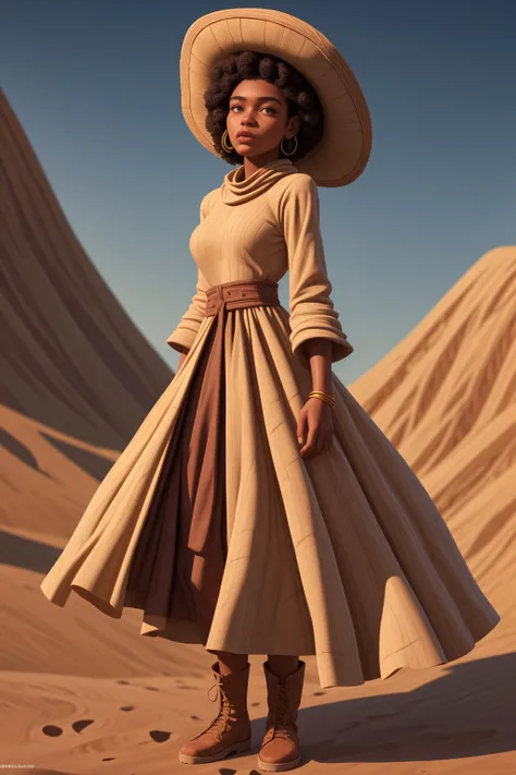 young adult african, zulu, broad face shape, dark skin tone, wide-set eyes, high cheekbones, broad nose, full lips,flipped hair,
empire waist dress ,
chukka boots,(headscarf:0.8),belt,,
(sand dune:1.2),standing