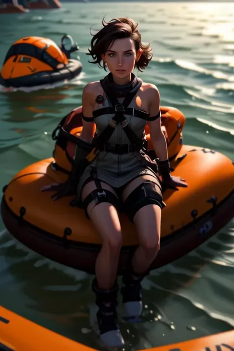 young adult german woman,dark brown hair,mohawk,
strapless dress ,
ski boots,(bandana:0.8),suspenders,,
(liferaft, life raft:1.2),hands on knees