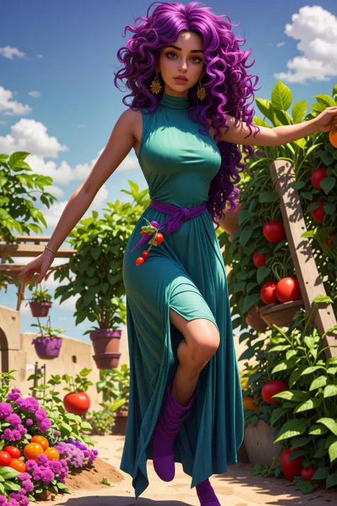 young adult lebanese woman,purple hair,curly hair,
beach maxi dress ,
knee high socks,(aviator sunglasses:0.8),nose ring,,
(vegetable garden:1.2),karate kick