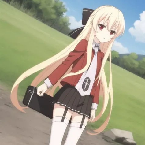 mondaiji-leticia, red jacket skirt thighhighs necktie, bow, blonde hair, long hair, hair between eyes, red eyes, full body, solo, 1girl, outdoors <lora:mondaiji-leticia:0.5>