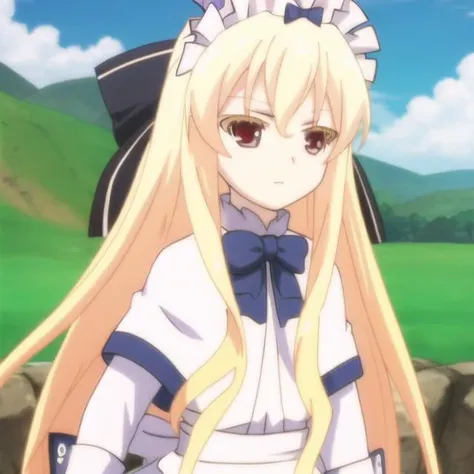 mondaiji-leticia, apron, bow, blonde hair, long hair, hair between eyes, red eyes, full body, solo, 1girl, outdoors <lora:mondaiji-leticia:0.9>
