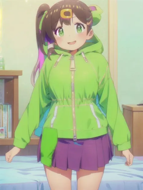 1girl, solo, looking at viewer, blush,green eyes, brown hair, hair intakes, +_+, smile, bangs, skirt, pleated skirt, hood, black skirt,  grin, arms up, sparkle, hoodie, hood down, white border,drawstring, green hoodie, indoors, bedroom,  <lora:AIArtsChannel_onimai_style:1> onimai style, <lora:add_detail:0.8>, <lora:hotarublurbk_v100:-1>