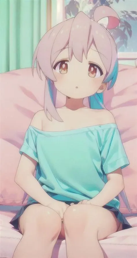 Onimai, 1girl, solo, long hair, ahoge, pink hair, hair between,flat chest, bangs, brown eyes, looking at viewer, shirt, bare shoulders, sitting, closed mouth, collarbone, short sleeves, off shoulder, blue shirt, oversized shirt, indoors, bedroom, pillows, skirt, <lora:AIArtsChannel_onimai_style:1> onimai style, <lora:add_detail:0.8>, <lora:hotarublurbk_v100:-1>