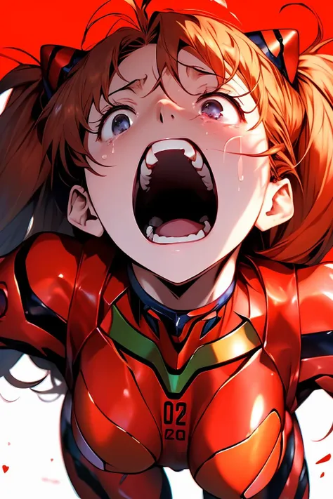 masterpiece,extremely high quality,lbc girl,large chest,Soryu Asuka Langley,standing,face upward,(open mouth:1.2),å¶å¼,(teeth:1.3),crying_with_eyes_open,red eyes,teardrop,red_theme,twintails,red_background,<lora:lbc_souryuu_asuka:0.8>,