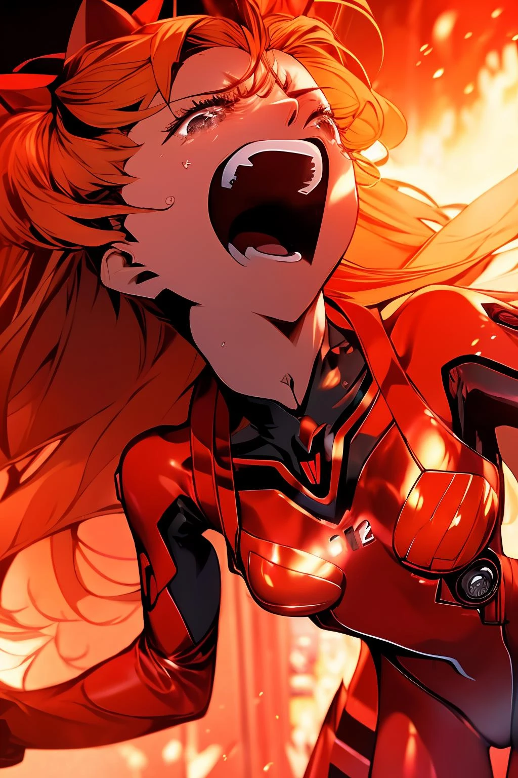 masterpiece,extremely high quality,lbc girl,large chest,souryuu asuka,standing,face upward,(open mouth:1.2),å¶å¼,(teeth:1.3),crying_with_eyes_open,red eyes,teardrop,red_theme,twintails,bodysuit,<lora:lbc_souryuu_asuka:1.2>,beautiful detailed glow,((flames of war)),(((nuclear explosion behide))),ray particle,mirror with a lotus pattern on the frame,