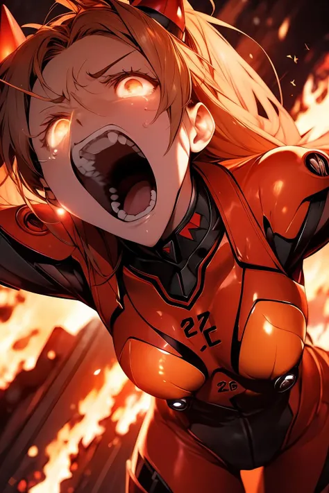masterpiece,extremely high quality,lbc girl,large chest,souryuu asuka,standing,face upward,(open mouth:1.2),belluch,(teeth:1.3),crying_with_eyes_open,red eyes,teardrop,red_theme,twintails,bodysuit,<lora:lbc_souryuu_asuka:0.8>,beautiful detailed glow,((flames of war)),(((nuclear explosion behide))),ray particle,mirror with a lotus pattern on the frame,