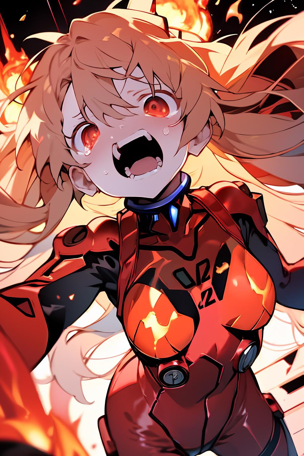 A close up of a woman in a red suit with fire in the background - SeaArt AI