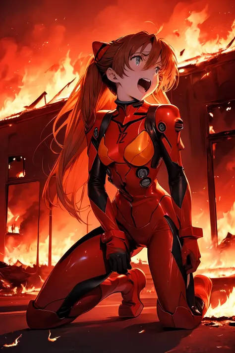 masterpiece,extremely high quality,lbc girl,large chest,Soryu Asuka Langley,kneeling,looking at the viewer,face upward,(open mouth:1.2),red eyes,red_theme,twintails,red_background,<lora:lbc_souryuu_asuka:0.8>,
BREAK
hair fluttering in the wind,((mechanical arm armor)),((mechanical body armor)),riding motor,((ruins of city in war, fire, burning cars, burning buildings)),air force fleet in the sky,