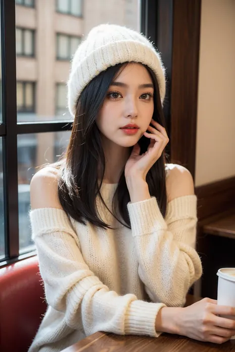 1 girl,solo,fine art photography,close up, black hair,Sitting at a table in a coffee shop,(Looking out of the window:1.2), A beige sweater, realistic,Long straight hair,A hat made of wool,indoor,bare shoulders,red lips,coffee cup, coffee,Volume lighting,Light and dark light