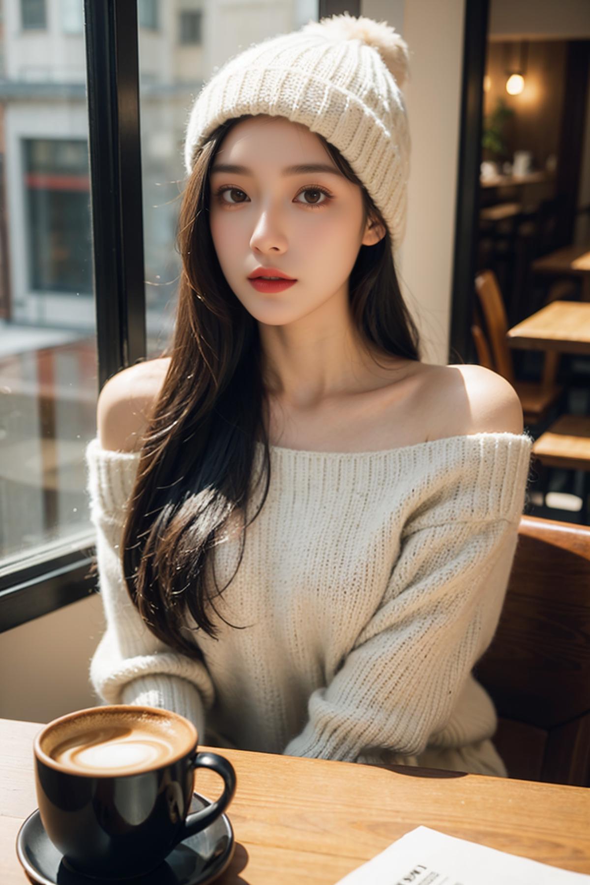 A woman sitting at a table with a cup of coffee - SeaArt AI