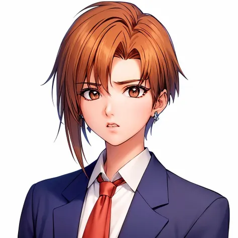 masterpiece, best quality, ultra high res, realistic, woman, medium shot, ((plain white background)), very short hair, eyeliner, light orange brown hair, parted hair, short hair, blue suit, (red tie), white shirt, earings, <lora:NIMAYA:0.7>, (full head in frame:1.2), concerned, shocked, hand up to face,