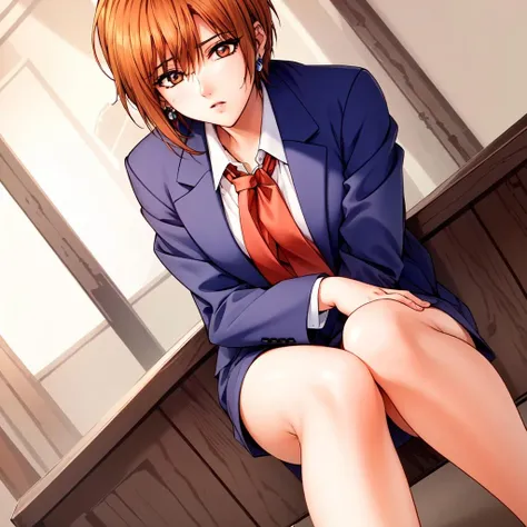 masterpiece,best quality,ultra high res,short hair,eyeliner,light orange brown hair,parted hair,short hair business woman,young woman,blue suit,red tie,white shirt,earings,<lora:NIMAYA:0.7>, full body shot,