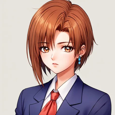 masterpiece,best quality,ultra high res,short hair,eyeliner,light orange brown hair,parted hair,short hair business woman,young woman,blue suit,red tie,white shirt,earings,<lora:NIMAYA:0.7>,whole head in frame,