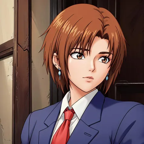 masterpiece,best quality,ultra high res,short hair,eyeliner,parted hair,short hair,blue suit,red tie,earings,<lora:NIMAYA:0.7>,<lora:ghibli_style_offset:0.5>,ghibli style, woman,