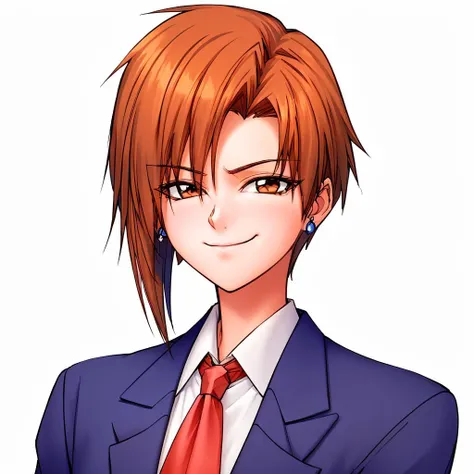 masterpiece, best quality, ultra high res, realistic, woman, medium shot, ((plain white background)), very short hair, eyeliner, light orange brown hair, parted hair, short hair, blue suit, (red tie), white shirt, earings, <lora:NIMAYA:0.9>, (full head in frame:1.2),  arms crossed, disbelief, cocky, cheeky smile, mocking face, ((smug)),