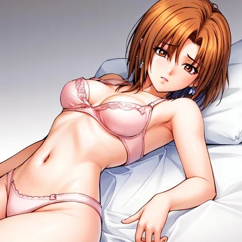 masterpiece,best quality,ultra high res,realistic,woman,medium shot,((plain white background)),very short hair,eyeliner,light orange brown hair,parted hair,short hair,earings,<lora:NIMAYA:0.8>,pink bra,pink panties, lying on bed,