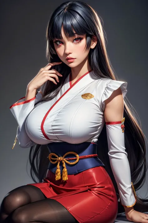 (ultra realistic,32k, masterpiece:1.2),(high detailed skin:1.1), 8k uhd, dslr, high quality,(makeup, mascara:0.9), (thick\lips\),
<lora:sabrina-nvwls-v1:0.7>nysabrina, low-tied dark-blue long hair, blunt bangs, japanese clothes, red skirt, sash, detached sleeves, pantyhose,(red eyes:0.9), , <lora:add_detail:0.78>, huge breast,
(looking at viewer, sitting:1.1),,
,(refraction:1.1), blank background
