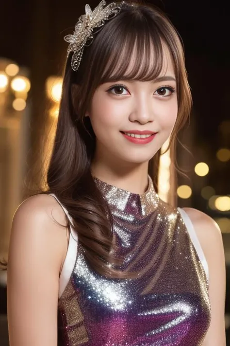 1girl,(wearing an athens style sleeveless glittery evening dress:1.4),(RAW photo, best quality), (realistic, photo-realistic:1.4), masterpiece, an extremely delicate and beautiful, extremely detailed, 2k wallpaper, Amazing, finely detail, extremely detailed CG unity 8k wallpaper, ultra-detailed, highres, soft light, beautiful detailed girl, extremely detailed eyes and face, beautiful detailed nose, beautiful detailed eyes,cinematic lighting,city lights at night,perfect anatomy, smile <lora:hinahatahina_lora:0.8>