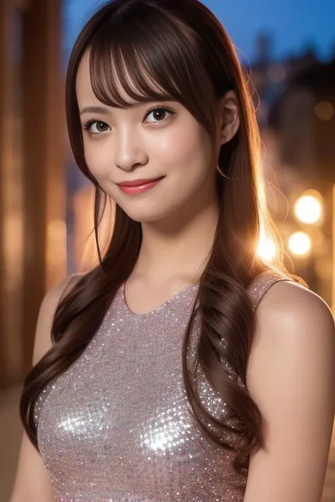 1girl,(wearing an athens style sleeveless glittery evening dress:1.4),(RAW photo, best quality), (realistic, photo-realistic:1.4), masterpiece, an extremely delicate and beautiful, extremely detailed, 2k wallpaper, Amazing, finely detail, extremely detailed CG unity 8k wallpaper, ultra-detailed, highres, soft light, beautiful detailed girl, extremely detailed eyes and face, beautiful detailed nose, beautiful detailed eyes,cinematic lighting,city lights at night,perfect anatomy, smile <lora:hinahatahina_lora:0.8>