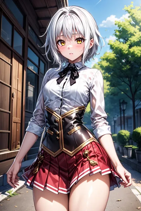 best quality, masterpiece, 1girl, raytracing, ultra detailed,detailed face, 8k wallpaper, (wide hips:1.2), <lora:more_details:0.5>, TougouKoneko_NDV, 1girl, white hair, small breasts, short hair, cat ears, tail, yellow eyes, school uniform, shirt, red skirt, corset, outdoor,  <lora:TougouKoneko_NDV:0.7>