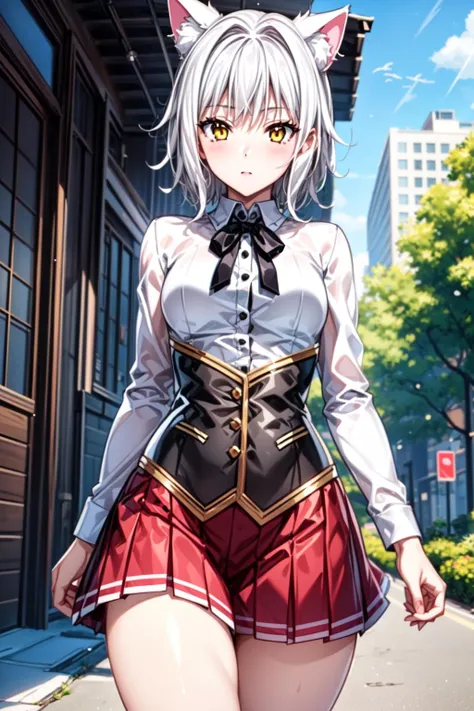 best quality, masterpiece, 1girl, raytracing, ultra detailed,detailed face, 8k wallpaper, (wide hips:1.2), <lora:more_details:0.5>, TougouKoneko_NDV, 1girl, white hair, small breasts, short hair, cat ears, tail, yellow eyes, school uniform, shirt, red skirt, corset, outdoor,  <lora:TougouKoneko_NDV:0.7>