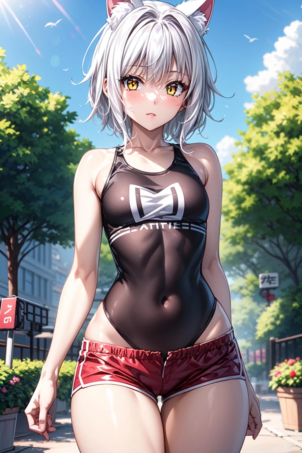 best quality, masterpiece, 1girl, raytracing, ultra detailed,detailed face, 8k wallpaper, (wide hips:1.2), <lora:more_details:0.5>, TougouKoneko_NDV, 1girl, white hair, small breasts, short hair, cat ears, tail, yellow eyes, t-shirt, red shorts, outdoor, <lora:TougouKoneko_NDV:0.7>