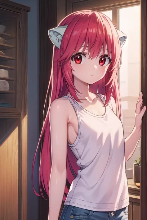 elfenliednyuu, <lora:elfen lied nyuu-lora-nochekaiser:1>,
nyuu, long hair, (red eyes:1.3), pink hair, horns, (small breasts:1.2),
BREAK shorts, tank top, green shorts,
BREAK indoors,
BREAK looking at viewer, (cowboy shot:1.5),
BREAK <lyco:GoodHands-beta2:1>, (masterpiece:1.2), best quality, high resolution, unity 8k wallpaper, (illustration:0.8), (beautiful detailed eyes:1.6), extremely detailed face, perfect lighting, extremely detailed CG, (perfect hands, perfect anatomy),