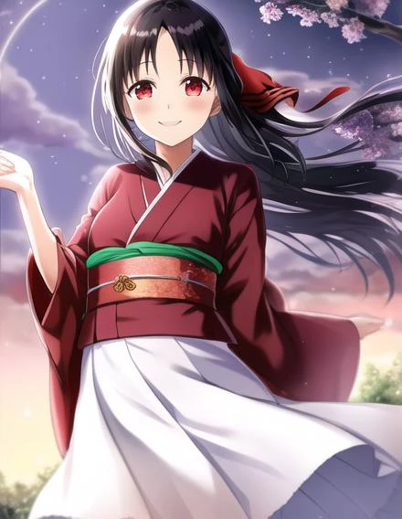 kaguya shinomiya, long hair, black hair, hair blowing in the wind, , bright smile, kimono, wearing flowing lace There is, plum tree, red plum, celestial maiden