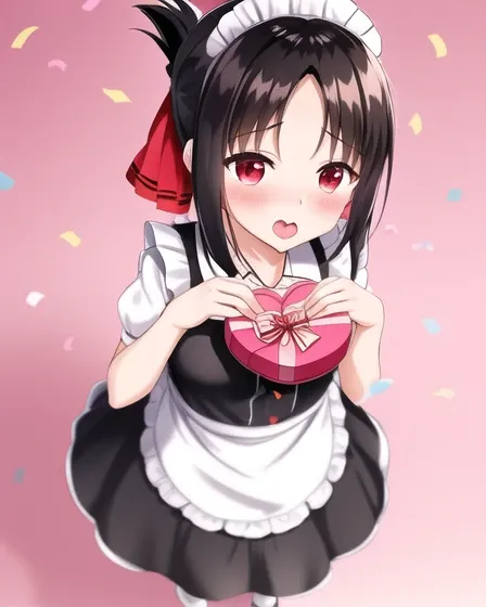 kaguya shinomiya, (colorful:1.3), simple background, hearts, (confetti), (box of chocolates), (heart-shaped box), (from above), blush, opened mouth, standing, fullbody, pov, upper body, ((pov incoming gift)), incoming gift, holding gift, maid headdress, maid, maid apron