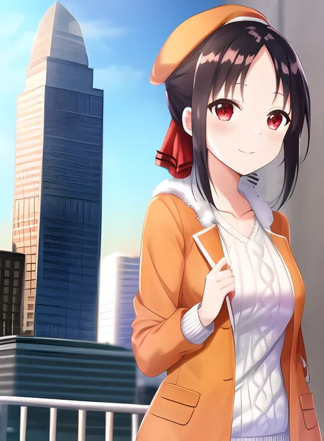 kaguya shinomiya, knit sweater, long sweater, orange jacket, open jacket, cap, shiny body, background (skyscraper)