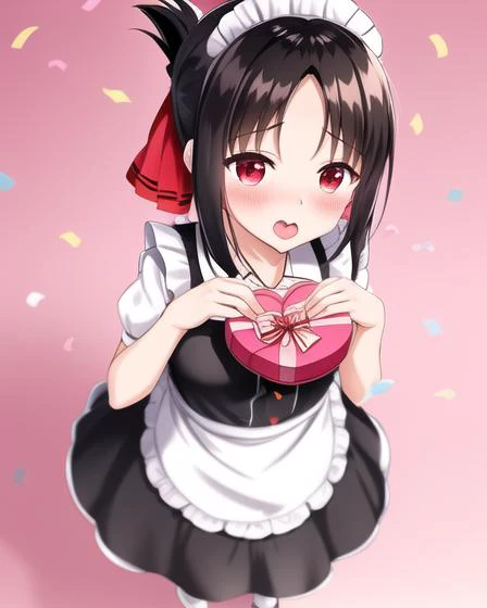 kaguya shinomiya, (colorful:1.3), simple background, hearts, (confetti), (box of chocolates), (heart-shaped box), (from above), blush, opened mouth, standing, fullbody, pov, upper body, ((pov incoming gift)), incoming gift, holding gift, maid headdress, maid, maid apron