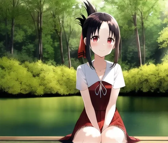 (kaguya shinomiya) in a eaceful Lake, shimmering light, beautiful Forest