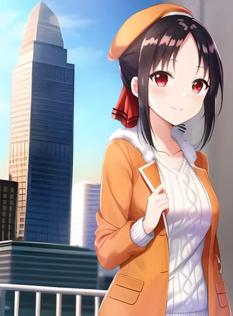 kaguya shinomiya, knit sweater, long sweater, orange jacket, open jacket, cap, shiny body, background (skyscraper)