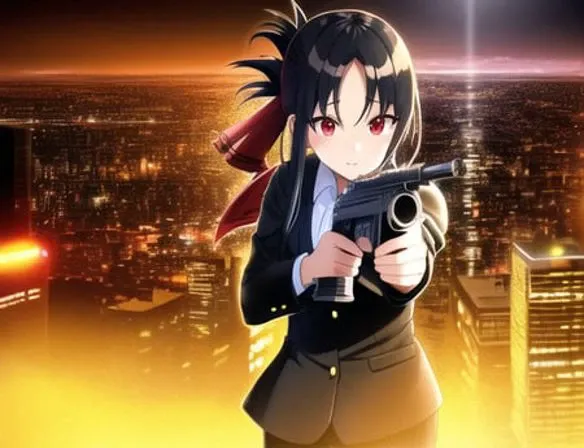 kaguya shinomiya, cyberpunk, crowd, city, night, neon light, toned, sci-fi, extremely detailed 8k wallpaper, holding gun, battle