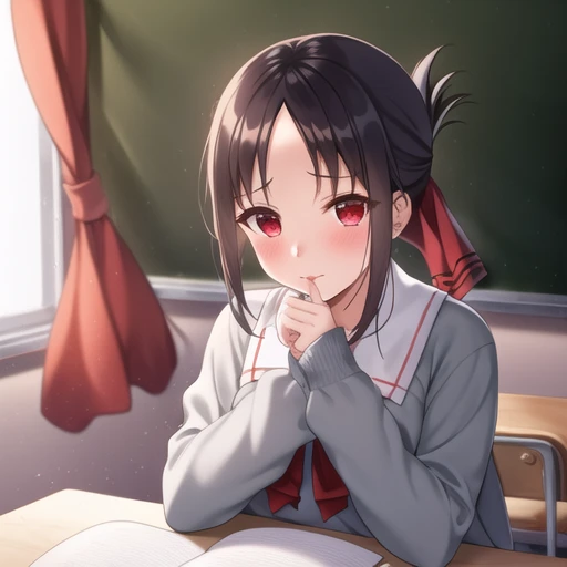 kaguya shinomiya, 1girl, bangs, chalkboard, classroom, closed mouth, curtains, day, desk, fingernails, holding, holding pencil, indoors, lips, long sleeves, pencil, pencil case, school desk, school uniform, simple background, sitting, sleeves past wrists, solo, sweater, upper body, window