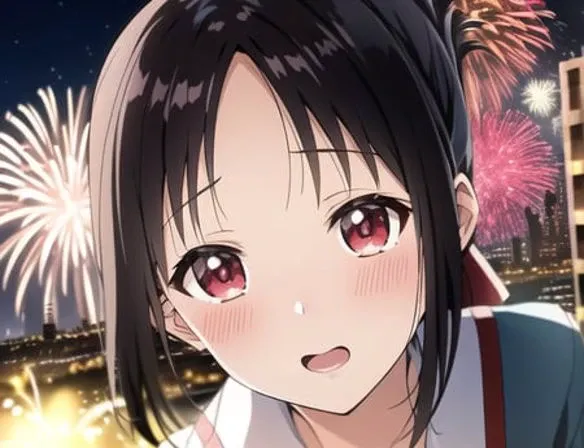 kaguya shinomiya, masterpiece, yoji shinkawa, James Jean, New Year elements, grass land, cute anime girl, fireworks, city in the distance, beautiful lighting, beautiful angle, intricate details, insanely detailed, lighting from front,