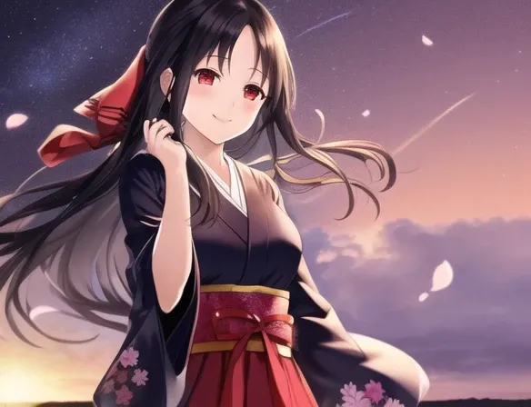 kaguya shinomiya, very detailed and beautiful, super detailed illustration, beautiful detailed girl, full body, long hair, black hair, hair blowing in the wind, detailed beautiful face, bright smile,  kimono, wearing flowing lace There is, plum tree, red plum, celestial maiden, wallpaper 8k CG,