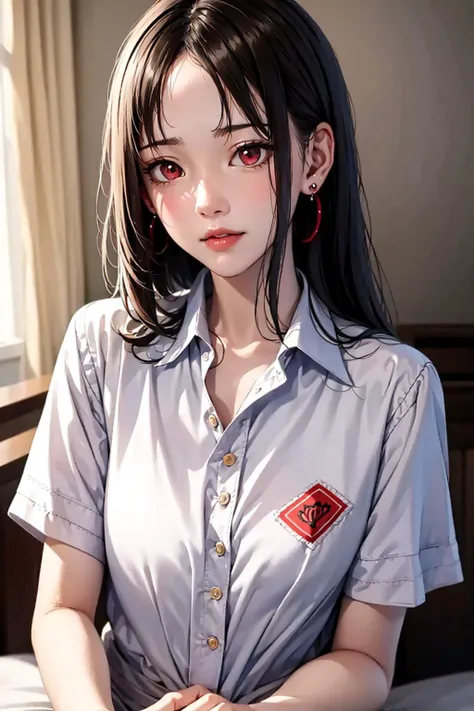 kaguya shinomiya <lora:kaguya:1> (masterpiece:1.2, best quality), (real picture, intricate details), solo, young girl, home, close-up face, shirt, (front focus), large round earrings, Looking at me,