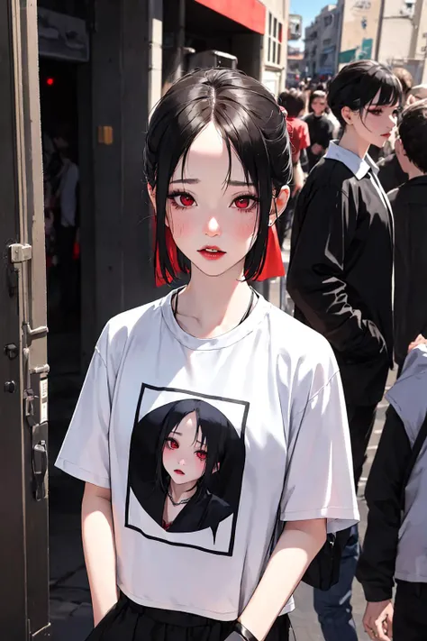 ((kaguya shinomiya)) <lora:kaguya:1> (masterpiece:1.2, best quality), (real picture, intricate details), solo, young girl, (hands in pockets), Clothes: edgy, avant-garde, experimental Appearance: shaved head or bold hair color, dramatic makeup, unconventional fashion choices Behavior: rebellious, non-conformist, provocative Location: urban art district, underground music scene Hobbies: attending punk shows, creating mixed media art, experimenting with different subcultures Values: individuality, authenticity, creative expression Inspirations: punk rock music, counterculture icons, avant-garde art movements Personality traits: bold, daring, unconventional.