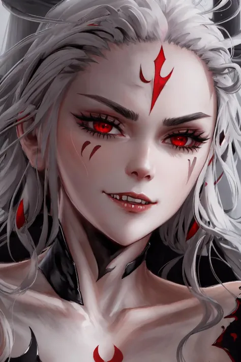 masterpiece, best quality, ( portrait, close-up), 1girl, solo,CloudOfDarkness <lora:CloudOfDarknessV1.3:0.9>, forehead mark, grey hair, red eyes, intricate iris, evil grin, delicate face, forehead jewel