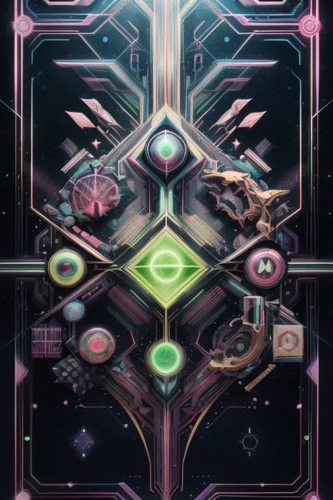 ICON COLLECTION OF ORACLES, in the style of artfully oracle,geometric abstraction,futurist illusionism,living at the edge of the future digitally geometric and the past fantasy spirit world,
masterpiece,liquid graphite,watercolor,ink fineliners,markers,hand drawn illustration,pastels,fading in and out of reality for divination,best quality absurd resolution unreal engine 5,uhd,highres,colorful,Magic Vortex,dreamlike,
lime green,neon green,pastel pink,bone white,
<lora:artfullyoracle-v1 (1):0.4>,
