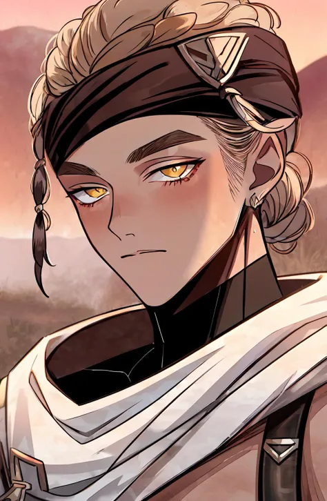 daythunder, portrait, close-up, yellow eyes, headband, white scarf, leather armor, desert, depth of field, mountainous horizon, masterpiece, digital painting <lora:daythunder-v1:1>